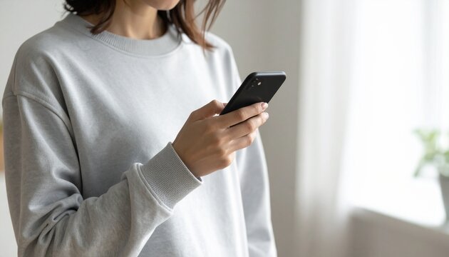 SNSを片手でスクロールする日本人・ミニマル室内・顔なし胸元構図 / Japanese Person One-Hand Scrolling Social Media SNS &mdash; Chest-Up Frame, Face Excluded, Clean Minimal Indoor Bokeh, Communication Digital Lifestyle, Neutral Light