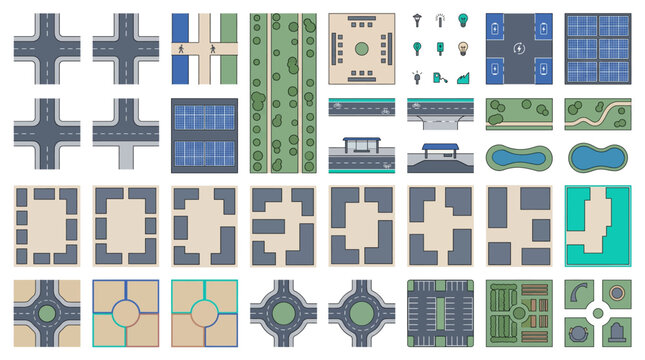Smart city urban planning vector kit with top view roads, plazas, green corridors, EV zones, solar canopies and civic masterplan elements