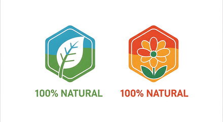 Fototapeta premium 100% natural badges with leaf and heart on green and orange backgrounds