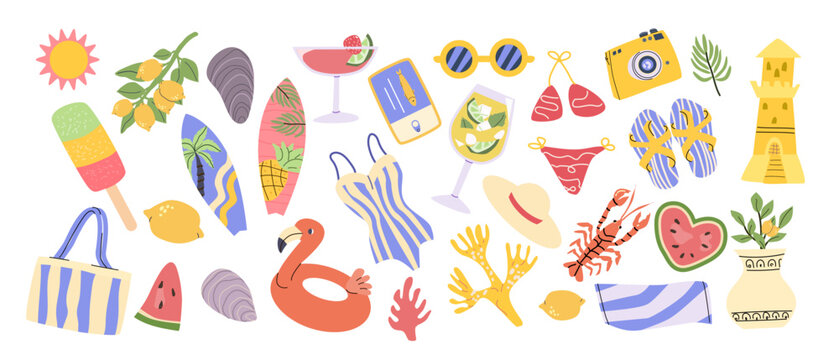 Cartoon Mediterranean seaside summer stickers with vacation elements and beach accessories. Cartoon flat style Mediterranean beach and tropical icons. Vector illustration isolated.