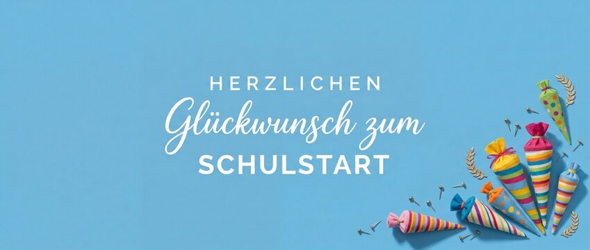 Schulstart Schult&uuml;ten card German congratulations background banner for first day of school. Colorful school cones with Herzlichen Gl&uuml;ckwunsch text on blue background layouts with copy space template