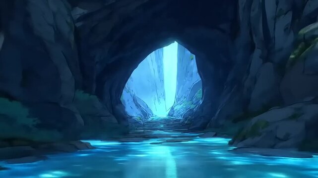 Subterranean passage illuminated by glowing blue water leading towards bright exit