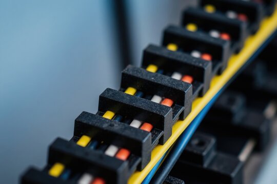 Black plastic energy chain holds colored wires. This flexible conduit guides cables on industrial machines. Closeup view shows organized electrical lines in automated tech. It protects wiring.