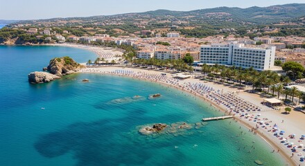 Fototapeta premium Aerial drone view of a crowded beach resort with blue turquoise sea hotels and mountains in background =