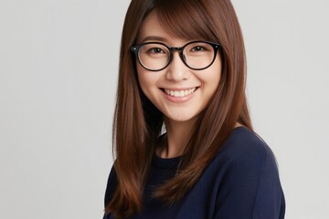 Fototapeta premium Young Japanese woman with glasses smiles warmly. She has brown hair and wears a dark blue shirt. Light grey background for a clean, pro look.
