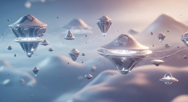 Surreal floating geometric structures in a dreamy sky, futuristic cityscape concept
