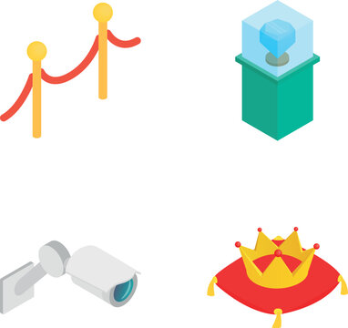Collecting isometric icons representing museum security and valuable exhibits