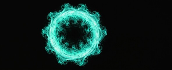 Obraz premium Abstract circular teal light swirl effect with wispy smoke texture on black background. Energy, magic, portal, or portal effects for design.