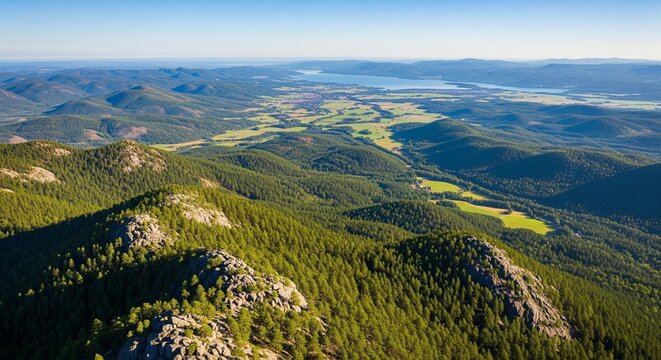 Aerial view of vast green forested mountain ranges leading to a distant blue lake under a clear sky