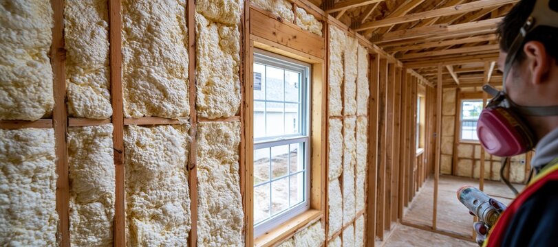 Spray foam insulation applied to wall in new home construction with exposed timber framing