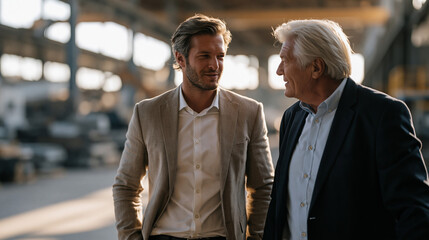Eldest son of a family business dynasty walks the factory floor with his aging father pointing out operational details, succession planning in its most human form unfolding under harsh midday indust