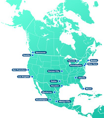 Naklejka premium North America, soccer cities, turquoise political map, with sixteen football cities in Canada, Mexico and the United States, and international country borders. Isolated illustration over white. Vector