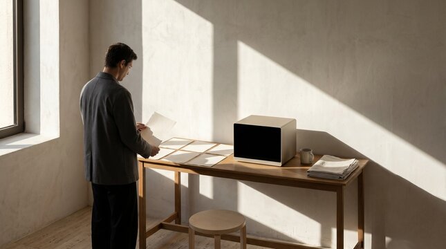 Asynchronous Planning Ritual With Sunlit Papers In Minimal Wabi Sabi Room