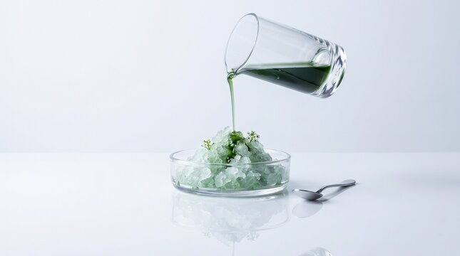 Phytoplankton granita dessert pour with emerald elixir in clear dish