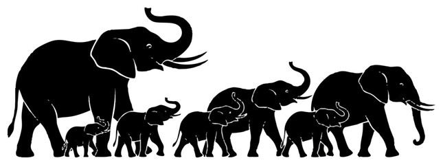 Elephant family silhouettes walking in a row black vector art © lineofjun