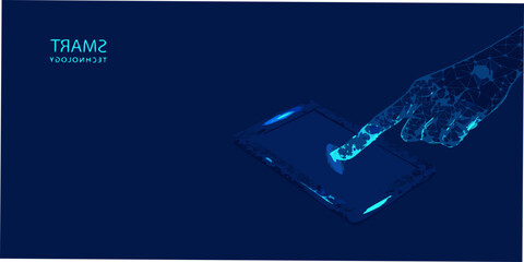 Wireframe hand interacting with a digital tablet depicted in a polygonal vector style on a dark blue background geometric abstract gesture © Unnati