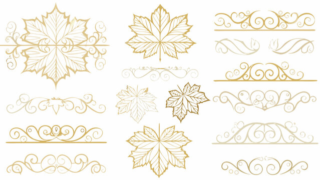 Golden maple leaf and swirling floral ornament collection a decorative vector illustration on white background autumnal autumn botanical branch curve design