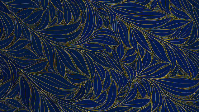 Golden tropical leaf pattern on a dark blue background a repeating botanical design for textiles and surface decoration abstract aesthetic art