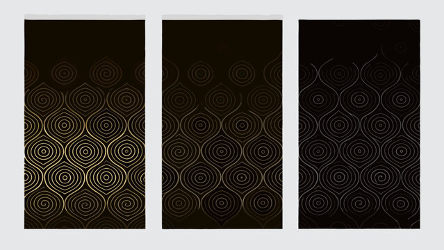 Golden spiral pattern vector illustration displayed on three rectangular tiles with a dark background abstract arabesque art deco beige circular concentric