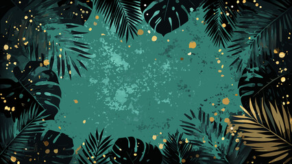 Tropical foliage frame a dark green and gold vector illustration with scattered golden particles leaves monstera palm fronds leaf pattern botanical © Unnati
