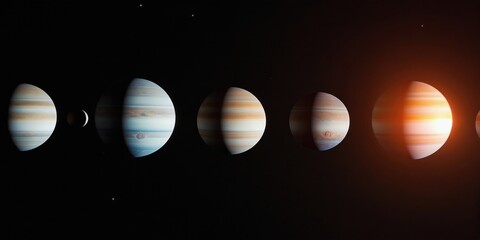 Obraz premium Several large planets with striped surfaces align in dark space. A bright star or sun illuminates one planet from side. Tiny dots represent distant stars. Space or galaxy wallpaper.