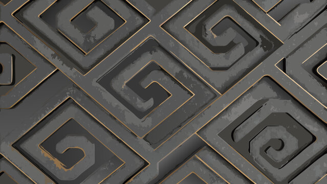 Geometric interlaced pattern with square and spiral motifs a dark toned vector illustration design motif maze like labyrinthine complex repeating digital artwork