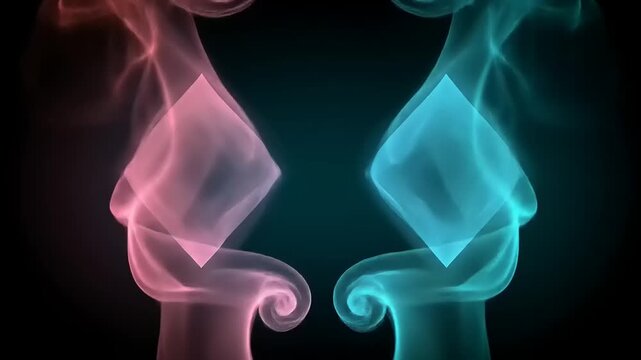 Symmetrical glowing diamond shapes enveloped in flowing smoky energy plumes