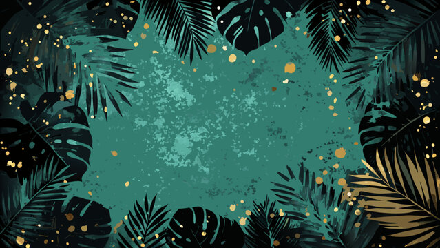 Tropical foliage frame a dark green and gold vector illustration with scattered golden particles leaves monstera palm fronds leaf pattern botanical