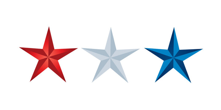 A dynamic set of glossy, three dimensional five pointed stars in red, 