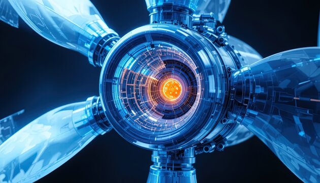 Futuristic Turbine Engine Illustration: A Blue Mechanical Marvel with a Glowing Core for Technology and Energy Concepts