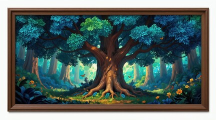 Obraz premium Whimsical forest scene with giant ancient tree. Blue green foliage, glowing light shafts, and small butterflies on forest floor. Lush plant life with yellow flowers.