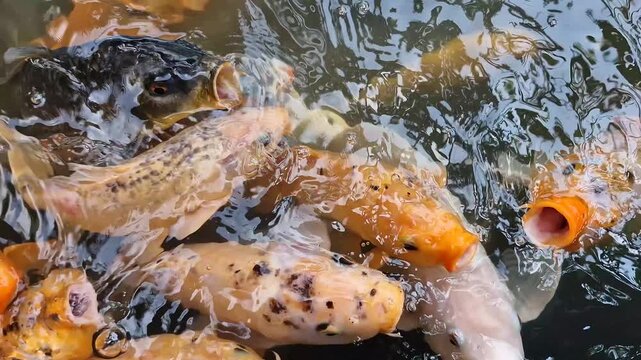 Surface view of several popular ornamental fish species floating and moving as if begging for food in an artificial pond. Close-up of colorful pet fish in a pond with clear water for relaxing.
