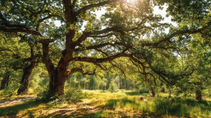 Fototapeta premium Serene Forest Landscape with Majestic Trees and Sunlight Filtering Through Lush Green Foliage in a Peaceful Natural Setting