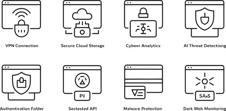 &ldquo;Minimal cybersecurity icon set showing VPN, cloud storage, AI threat detection, malware protection, and dark web monitoring&rdquo;