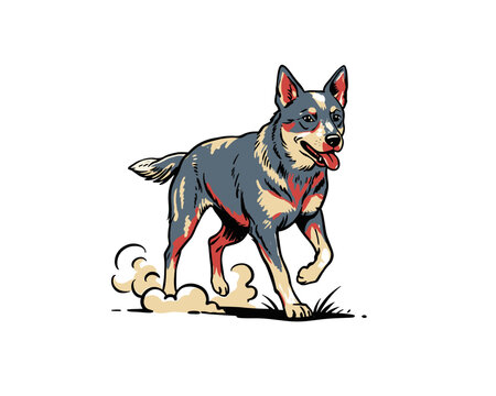 Australian Cattle Dog vintage artwork. Blue heeler dog illustration for apparel. Farm dog graphic. Running dog sticker. Country life artwork.