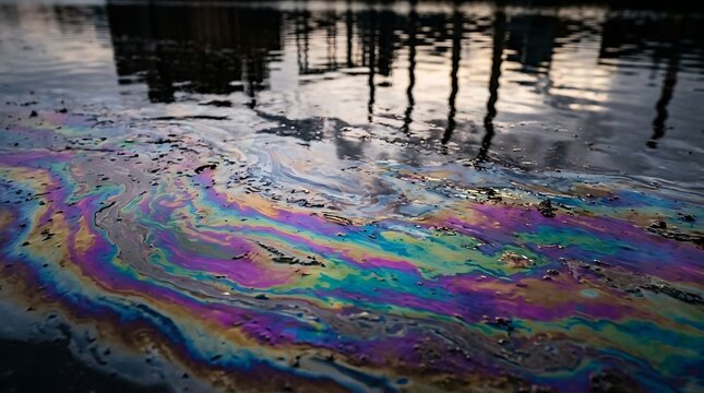 Abstract oil spill pollution creating iridescent rainbow patterns on water