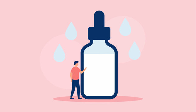 Vector illustration of a person with a large dropper bottle, representing skincare, serum application, and hydration for a healthy, glowing complexion