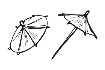 Cocktail umbrella set hand drawn sketch, two views black line art doodle. Paper drink parasol garnish, tropical party decoration vector clipart isolated white. © Evgeniya Platonova