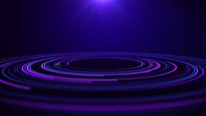 Abstract luminous round podium disc with glowing blue and violet technology lines, circular stage platform, neon light rings, digital energy waves, sci-fi presentation base,  ©  Seamless Loop