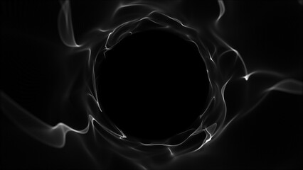 Obraz premium Monochrome energy vortex formed by flowing luminous smoke waves creating circular void with deep perspective. Abstract black cyber tunnel. Black hole portal vortex with soft volumetric light 