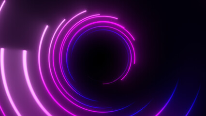 Abstract glowing round tunnel formed by neon purple and blue light arcs, creating a circular portal with deep perspective, smooth motion trails, sci-fi energy flow, digital vortex ©  Seamless Loop