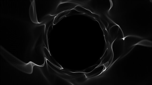 Monochrome energy vortex formed by flowing luminous smoke waves creating circular void with deep perspective. Abstract black cyber tunnel. Black hole portal vortex with soft volumetric light 