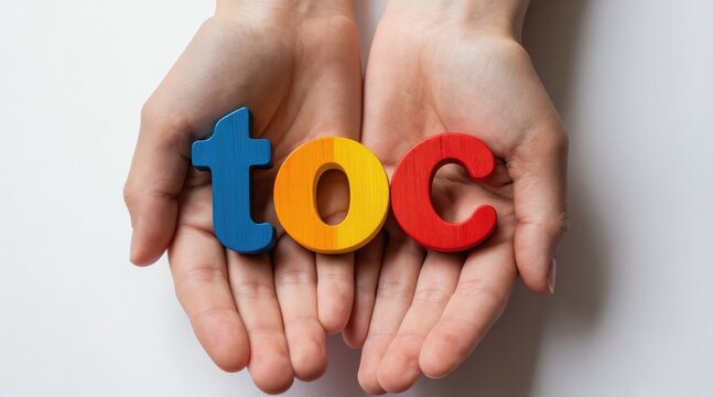 Hands hold colorful wooden letters spelling TOC. Represents awareness for obsessive compulsive disorder, mental health support. Word in Portuguese. Promotes inclusion, understanding. Suggests