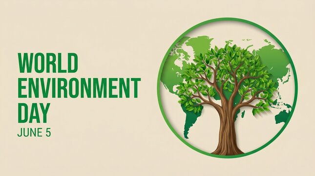 World environment day concept with a green tree and a world map inside a circular frame on a beige background