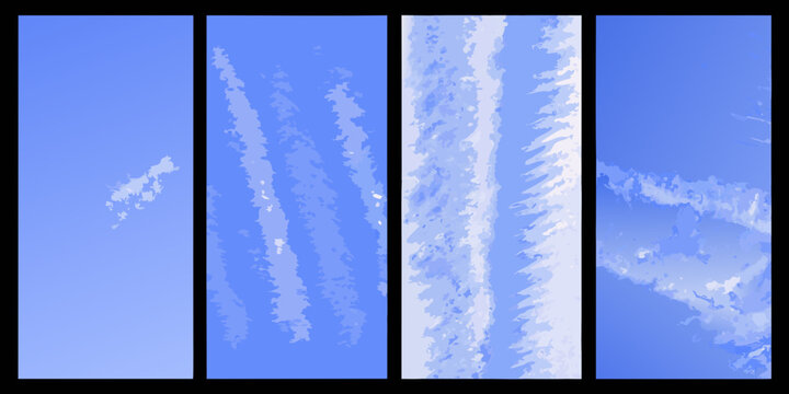 Blue cloud formations in four vertical panels atmospheric scene