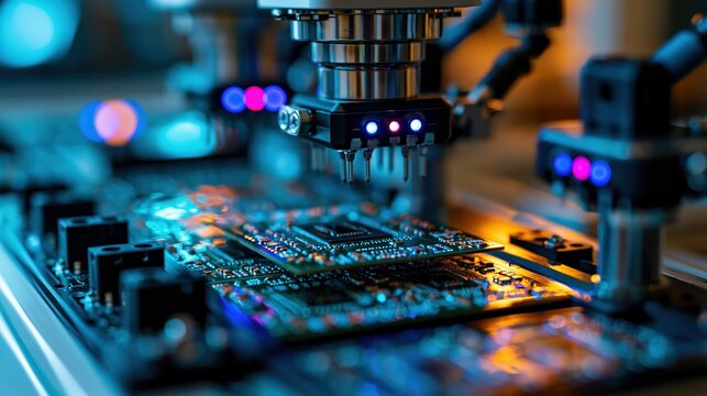 Robotic arms assembling circuit boards in advanced microelectronics laboratory