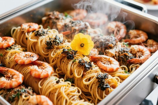 Steam rises from pasta with shrimp in a buffet chafing dish. A yellow flower garnishes the seafood entree, ready for service. Food is kept hot for guests.