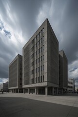 Fototapeta premium A trio of Brutalist-style concrete office buildings stands static in a large open plaza under an overcast sky with wispy clouds.