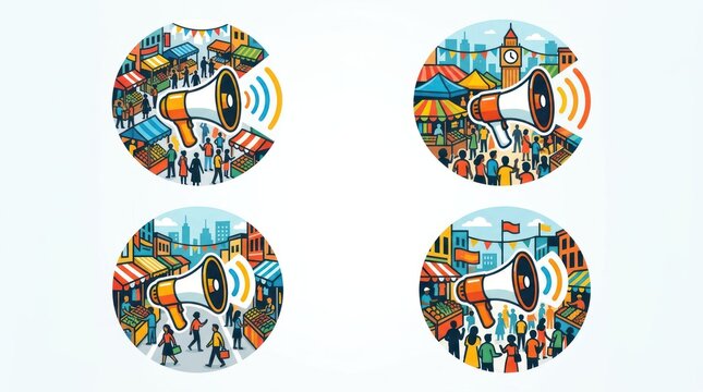 Colorful digital illustrations of megaphone with crowd scenes in circular frames