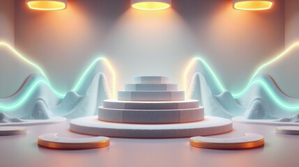 Obraz premium Minimalist stage setup. Circular platforms, steps, glowing lights create futuristic ambiance. Soft colors, smooth shapes dominate scene.
